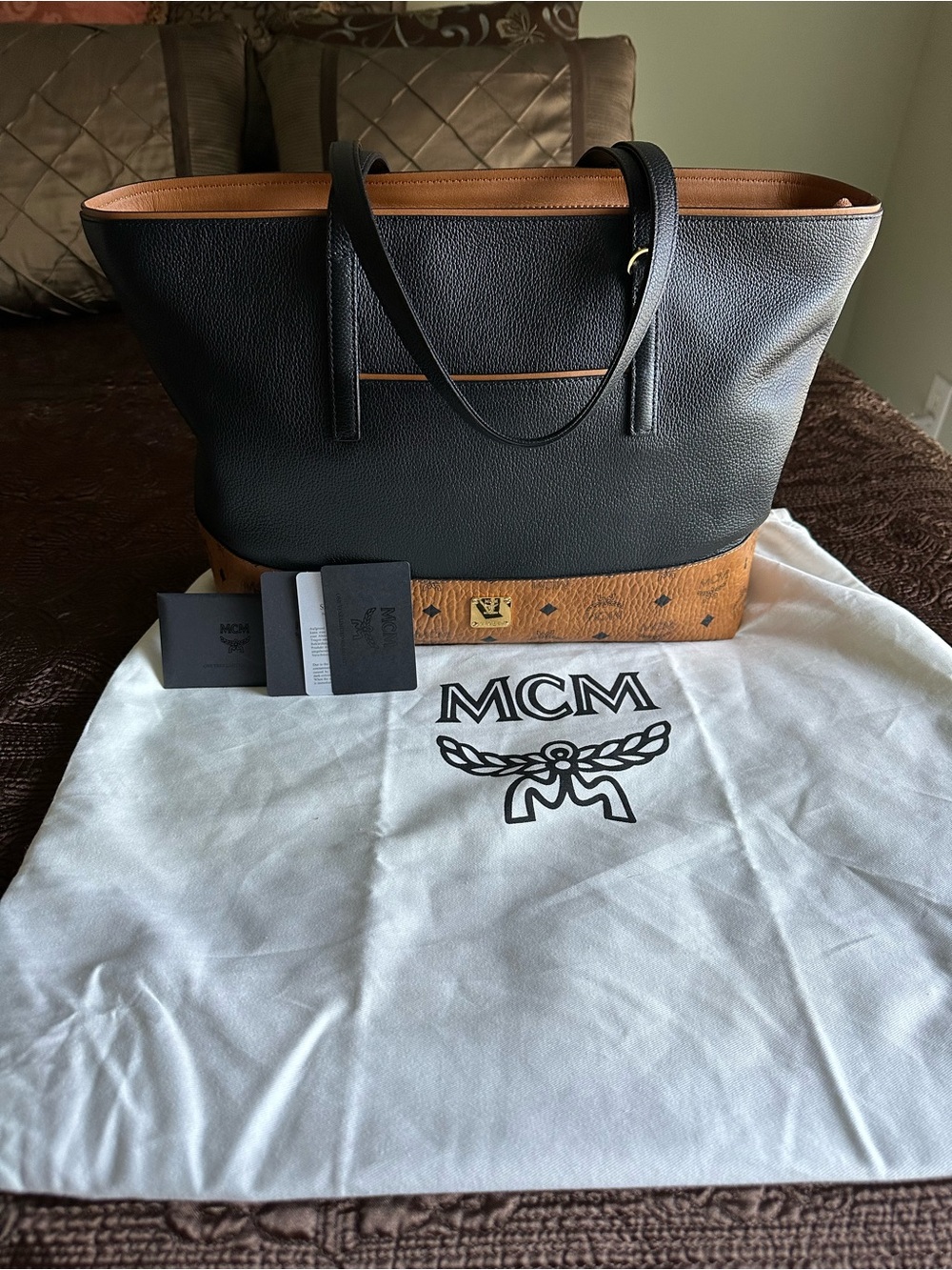 MCM Visetos Tote with Black and Cognac Leather Detailing